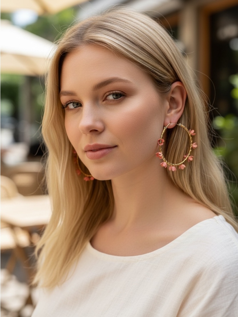 🆕 Plunder Gold Hoop Earrings with Peach Flower Drops